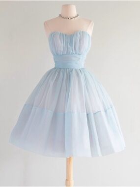 1960s Strapless Light Blue Tulle Party Dress